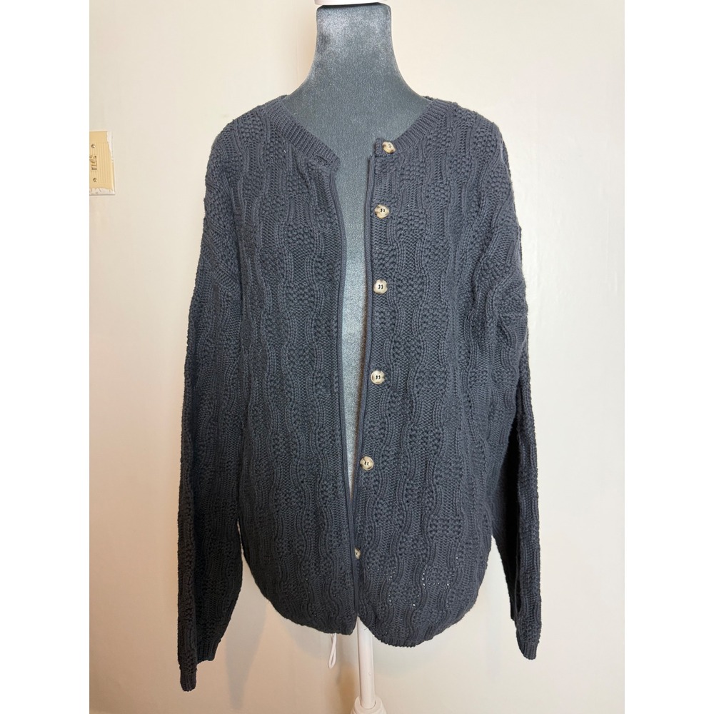 Northwest Express Navy Cotton Cable Knit Cardigan Sweater fisherman coastal M